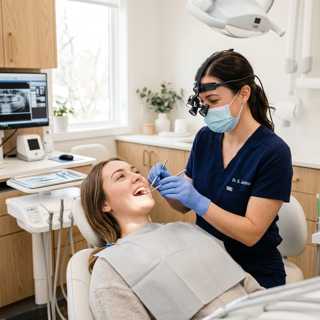 Clear, high-quality photo of dentist in clinic checking patient's teeth